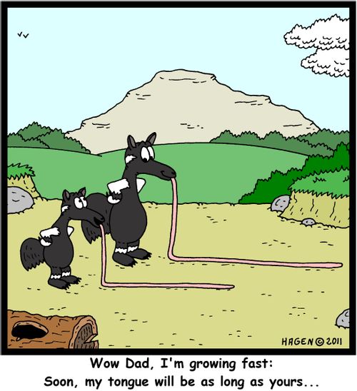 'Wow Dad, I'm growing fast: Soon, my tongue will be as long as yours...'