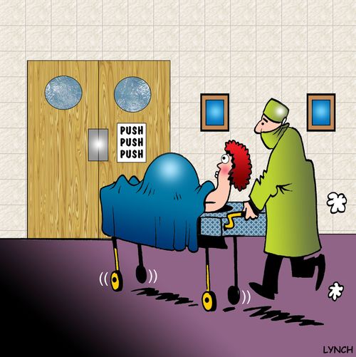 Sign on the maternity ward door reads 'Push, push, push.'