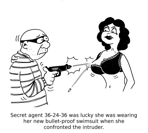 Secret agent 36-24-36 was lucky she was wearing her new bullet-proof swimsuit when she confronted the intruder.