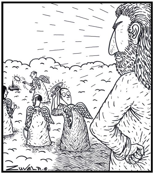 God not too happy about finding his Angels playing Quoits with their Halos.