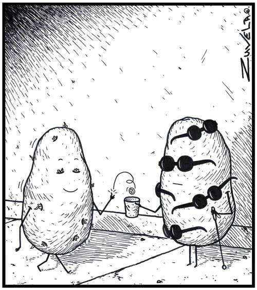 A potato gving some money to a blind potato wearing lots of dark-lensed sunglasses.