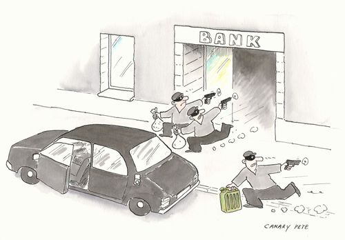 Bank robbers stealing petrol for the getaway car.