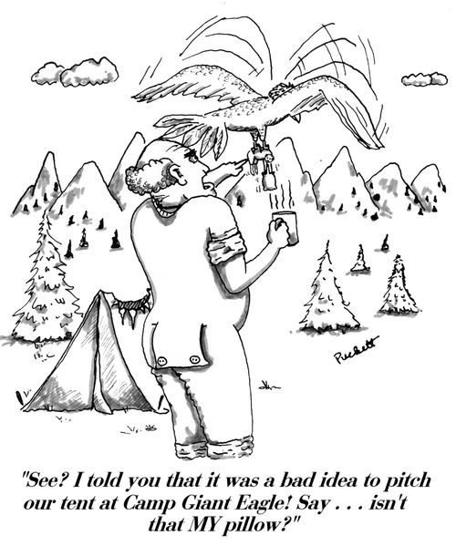 'See? I told you that it was a bad idea to pitch our tent at Camp Giant Eagle! Say . . .isn't that MY pillow?'