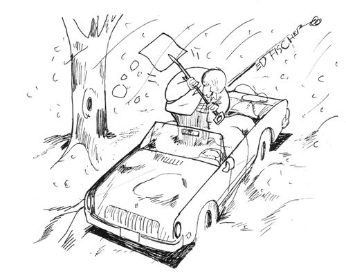 Shovelling snow out of a car.