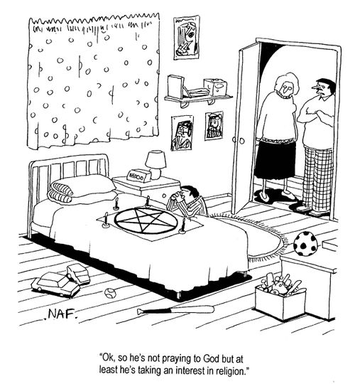 'OK, so he's not praying to God but at least he's taking an interest in religion.'