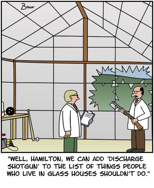 'Well, Hamilton, we can add 'discharge shotgun' to the list of things people who live in glass houses shouldn't do.'