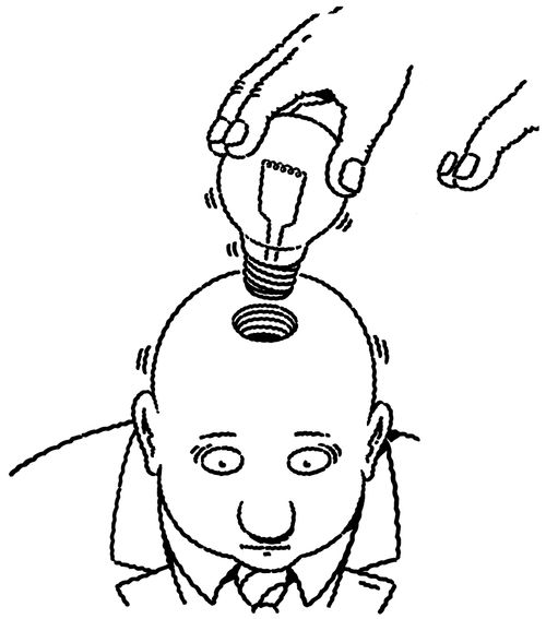 A man having a light bulb screwed into his head.