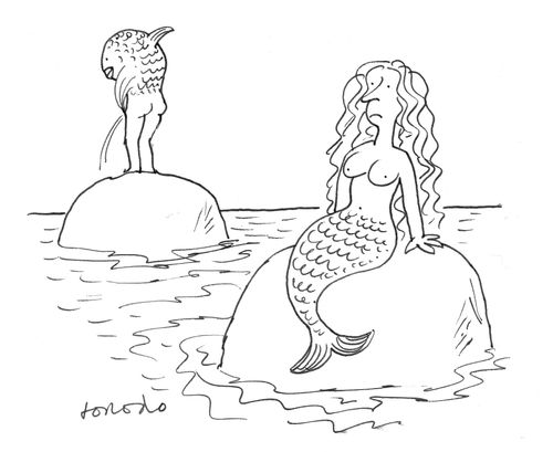 Merman peeing off a rock.
