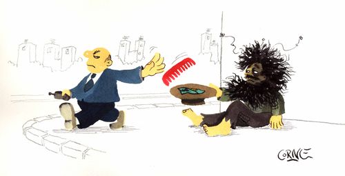 Man giving a beggar a comb