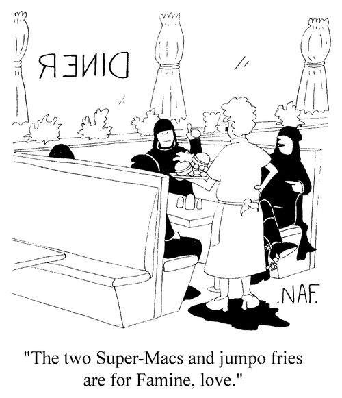The riders of the apocalypse - "The two Super macs and jumbo fries are for Faimine, love."