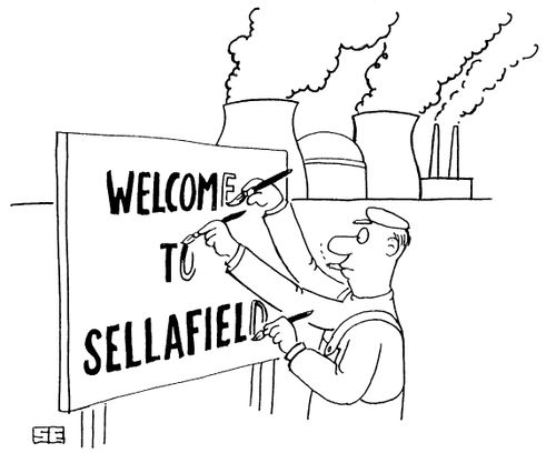 Sign-writer with 4 arms painting 'Welcome to Sellafield.'