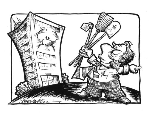 Showing gardening tools to a tower block.