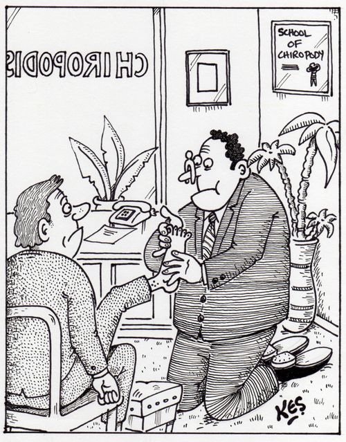 Chiropodist examines client's foot whilst wearing a clothes peg on his nose.