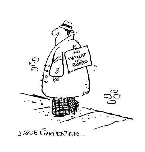 Man with sign on back - 'No wallet on board'.