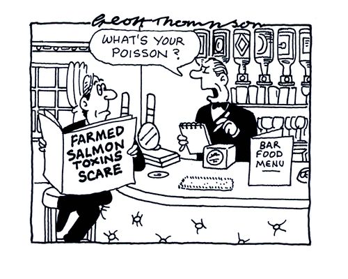 'What's your poisson?'  (Man reading report on Farmed Salmon Toxins Scare).