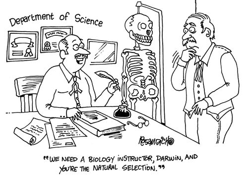'We need a biology instructor, Darwin, and you're  the natural selection.'