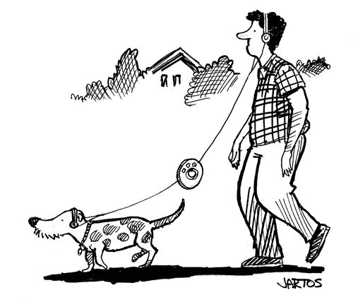 Dog and walker listening to music.