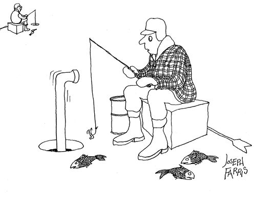 Man ice fishing when submarine telescope comes out of the fishing hole.