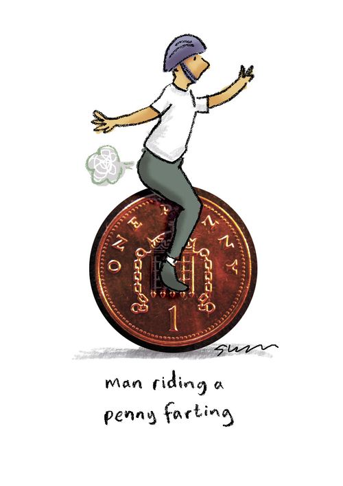 Men riding a penny farting.
