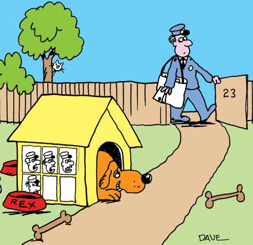 Mailman coming through gate, dog's kennel has pictures of mailmen that he's bitten.