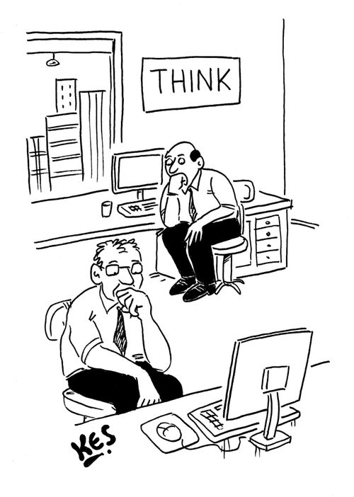 Men in office, pose as Rodin's: The Thinker. A sign on the wall reads: THINK.
