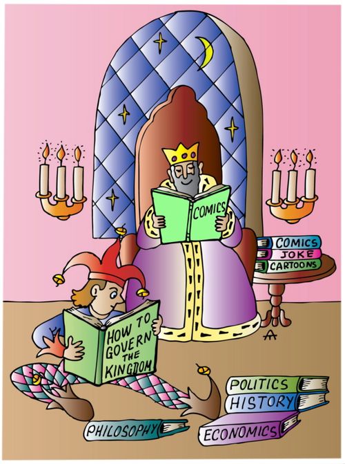 King and clown engage in role reversal.