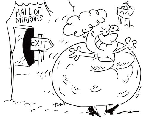 Fat woman deceived by Hall of Mirrors.