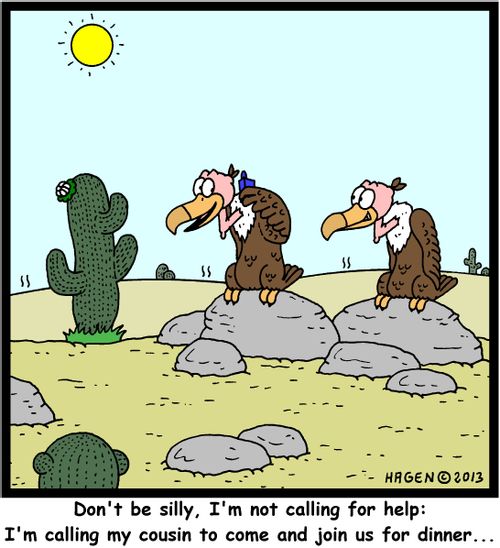 'Don't be silly, I'm not calling for help: I'm calling my cousin to come and join us for dinner...'