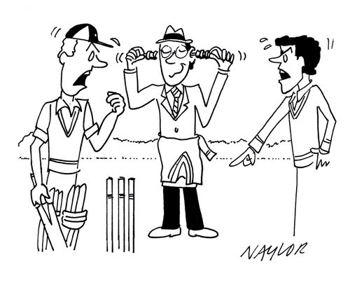 Cricket umpire with bails in ears.