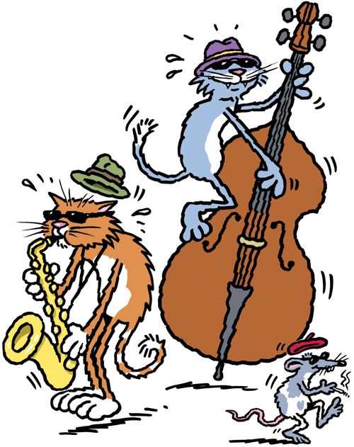 Cats play jazz to a rat.