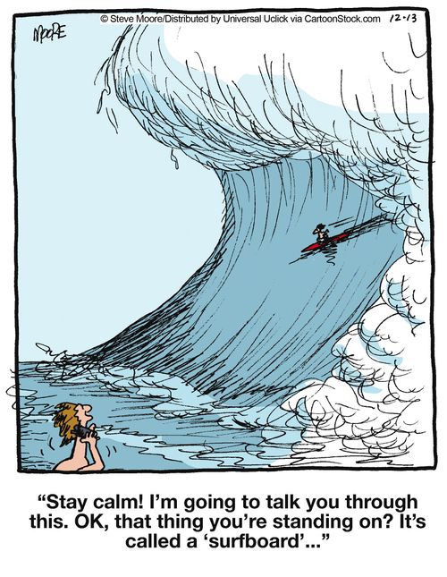 'Stay calm! I'm going to talk you through this. OK, that thing you're standing on? It's called a 'surfboard'...'