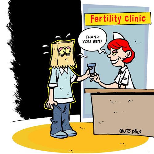 Man embarrassed at a fertility clinic.