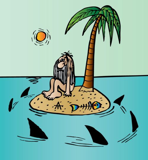 Desert Island being circled by sharks.
