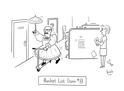 Man in dress with umbrella on scooter in office 'Bucket List Item #8'.