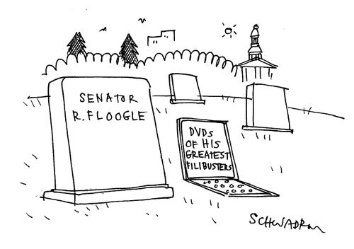 Gravestoon of R Floogle has laptop showing DVD's of his greatest filibusters.