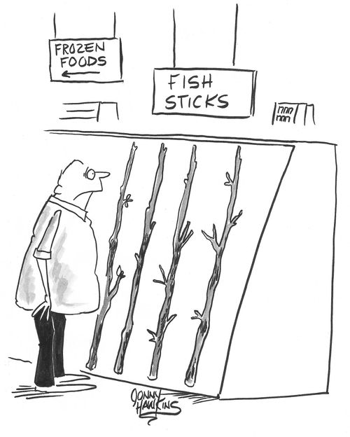 Man sees fish sticks are real sticks.