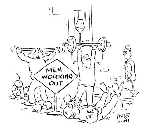 Road works sign - 'Men working out'.