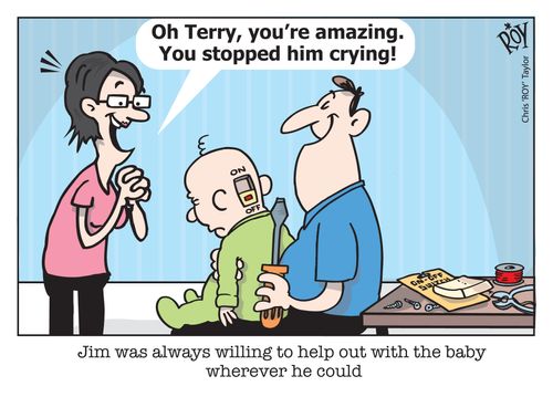 Jim was always willing to help out with the baby wherever he could.