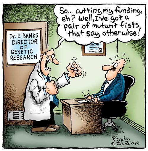 'So... cutting my funding, eh? Well, I've got a pair of mutant fists that say otherwise!'