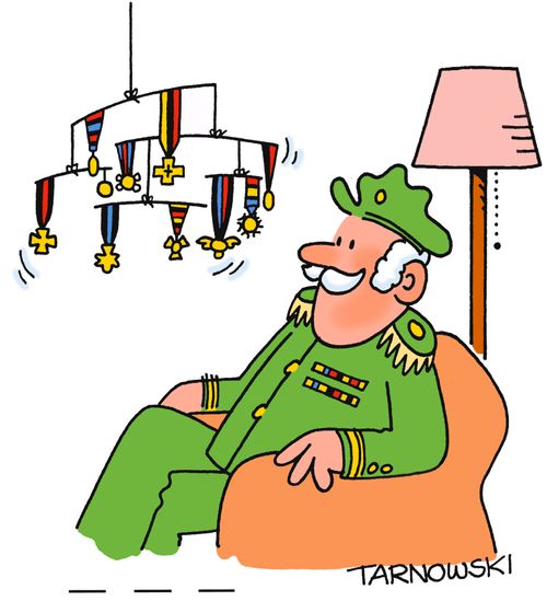 Army general with a mobile made of medals.