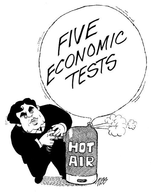 Gordon Brown blowing hot air into the Five Economic Tests.