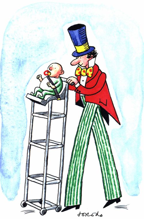 Man in stilts pushing his kid along in a very tall chair