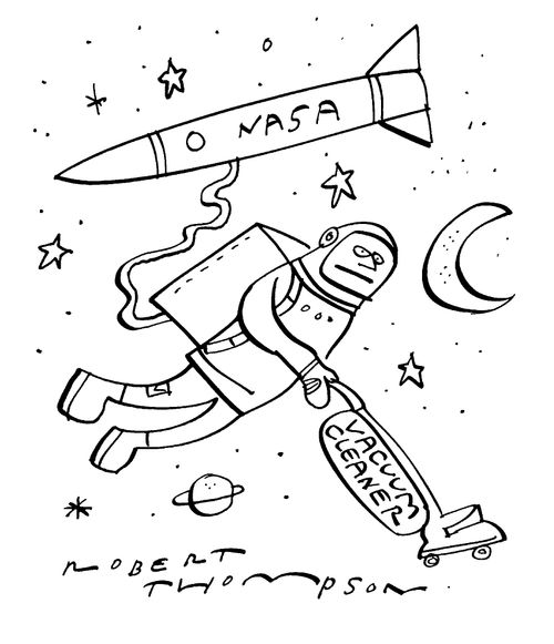 Spaceman with a vacuum cleaner in space