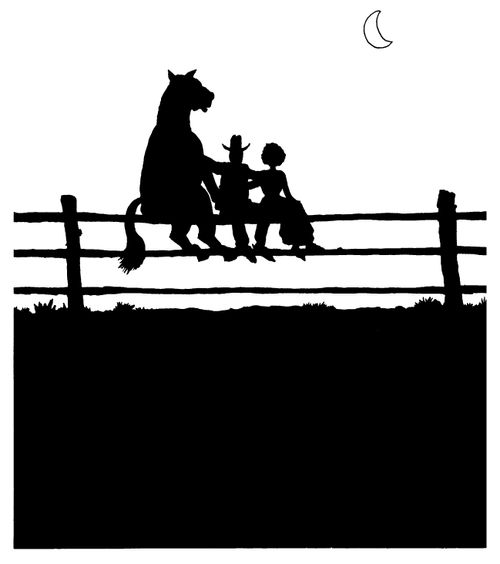Silhouette of cowboy,cowgirl and horse on fence in the moonlight
