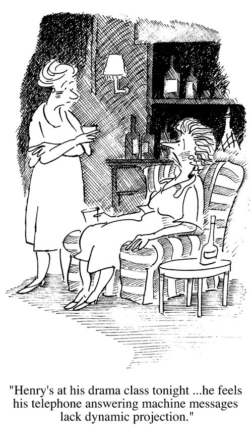 "...Henry feels his telephone answering machine message lacks dynamic projection."