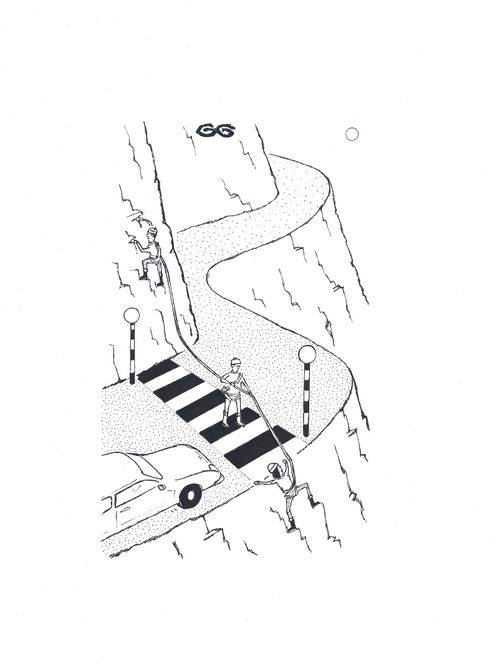 Mountainside zebra crossing for mountaineers.