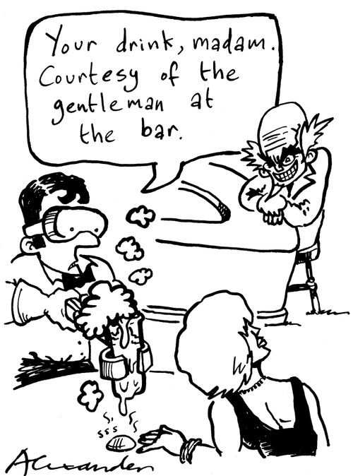 'Your drink, madam. Courtesy of the gentlemen at the bar.'