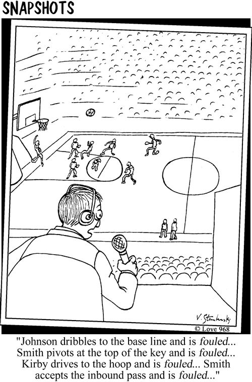 "Johnson dribbles to the base line and is fouled...Smith pivots to the top of the key and is fouled...Kirby drives to the hoop and is fouled...Smith accepts the inbound pass and is fouled..."