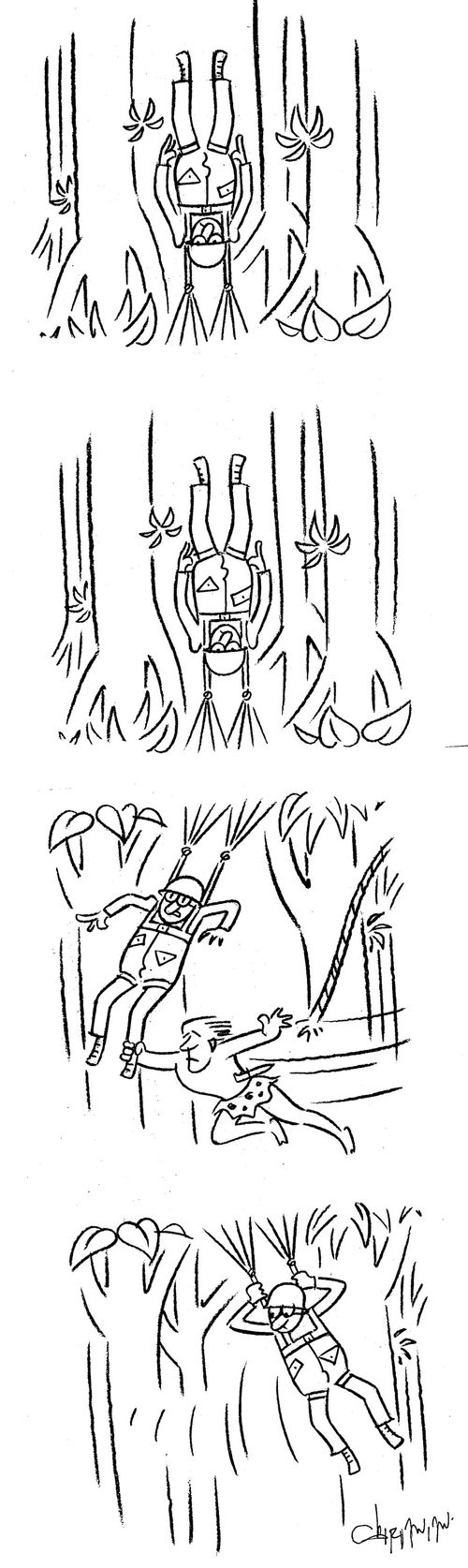 Man with parachute mistaken for a vine by jungle man.