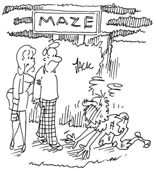 Couple meet man crawling out of maze.